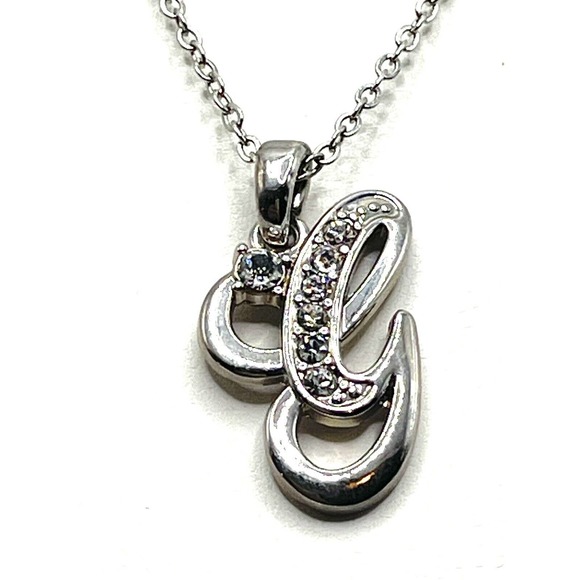 Silver Cursive Initial G Letter Made With Swarovski Crystals Pendant - Picture 3 of 6
